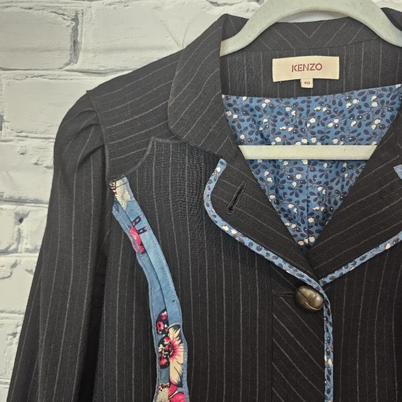 Kenzo Black Pinstripe Blazer with Floral Accents - Picture 3 of 6